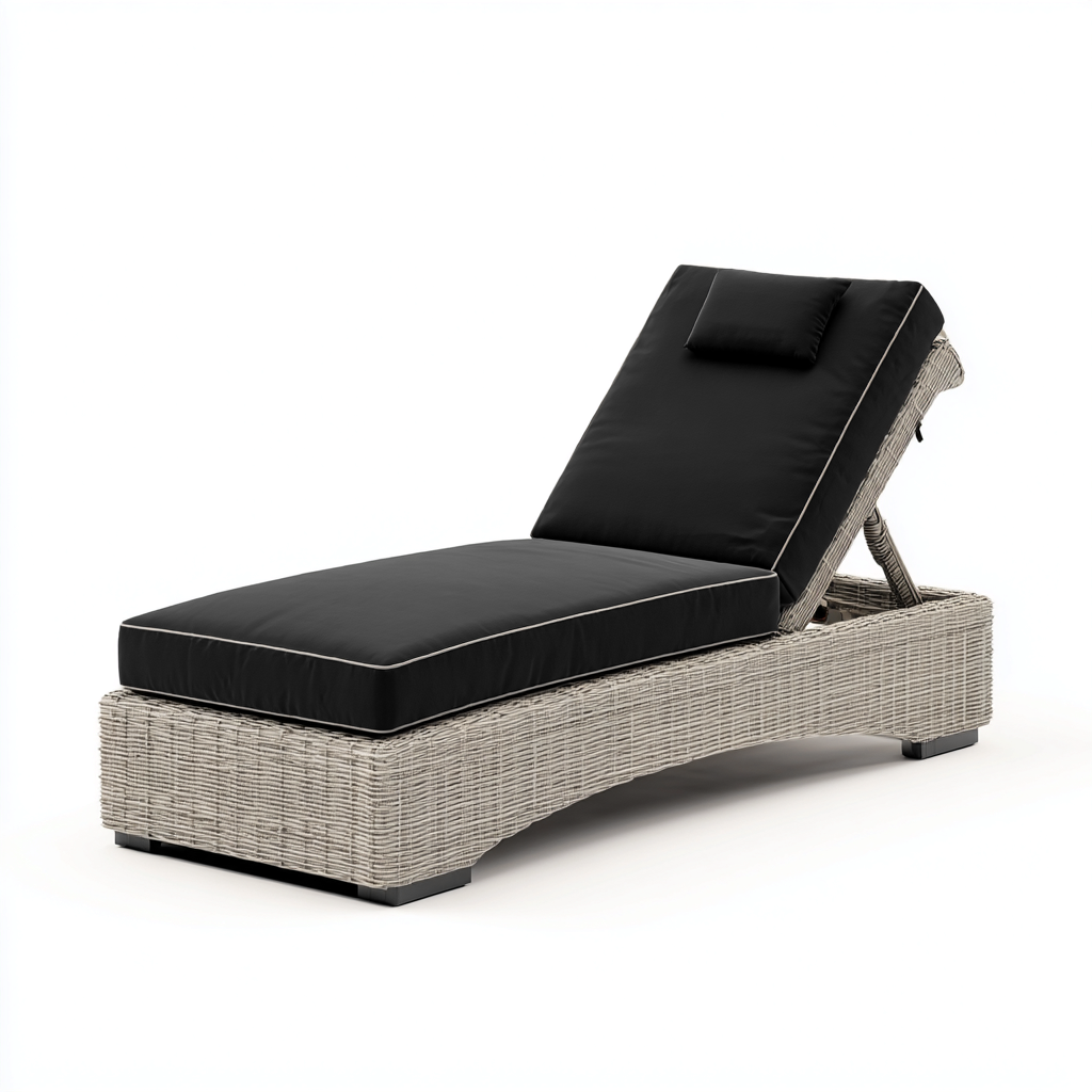 Lettino da sole-rattan sintetico-tessuto outdoor-201x67x38 cm-Nero-Grigio chiaro-stile moderno-Sofaupden