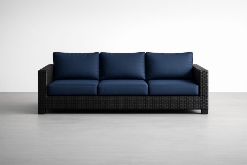 Canapé d'extérieur 3 places en résine tressée noire avec coussins bleu marine