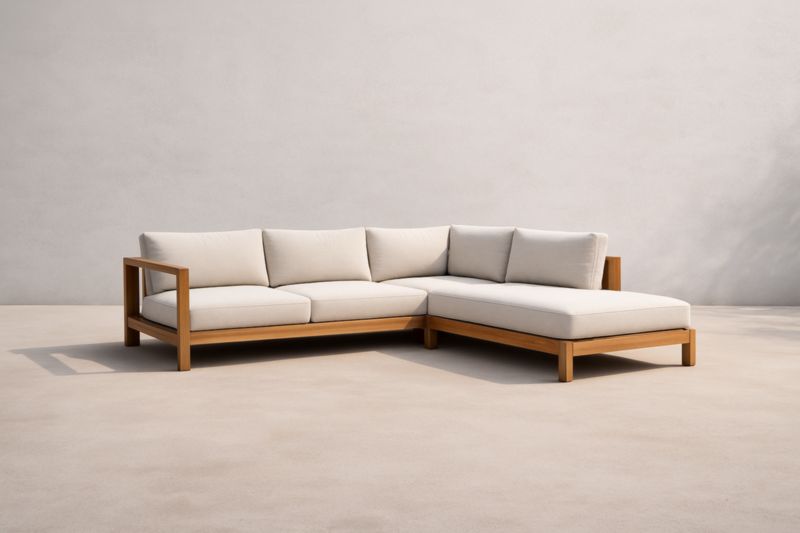 Canapé d'angle en bois de teck avec coussins en polyester Beige