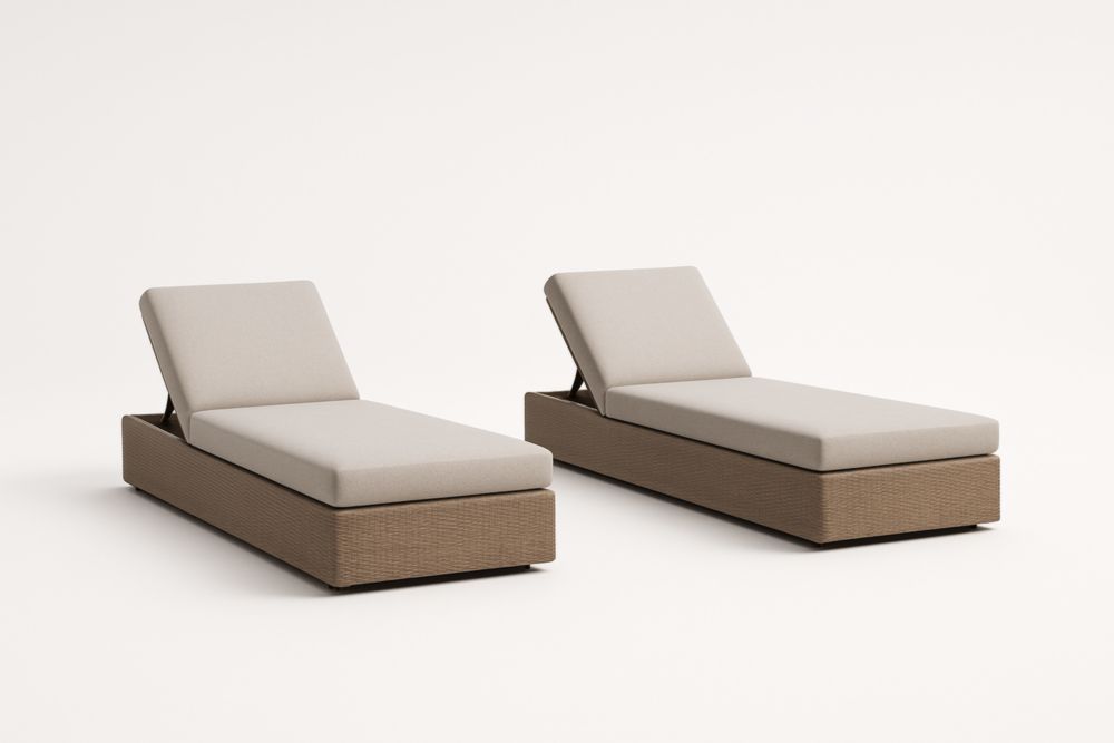 Ensemble de 2 chaises longues réglables en résine tressée Beige avec coussins Crème