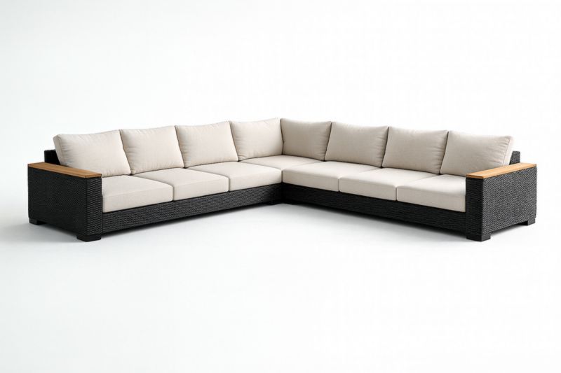 Canapé d'angle extérieur 6 places en résine avec accoudoirs bois