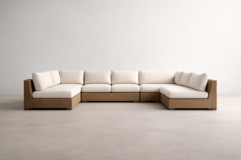 Canapé d'angle en résine tressée marron avec coussins en tissu blanc