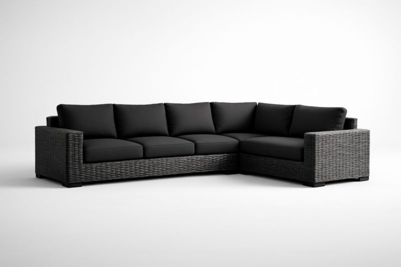 Canapé d'Angle en Résine Tressée avec Coussins Noirs