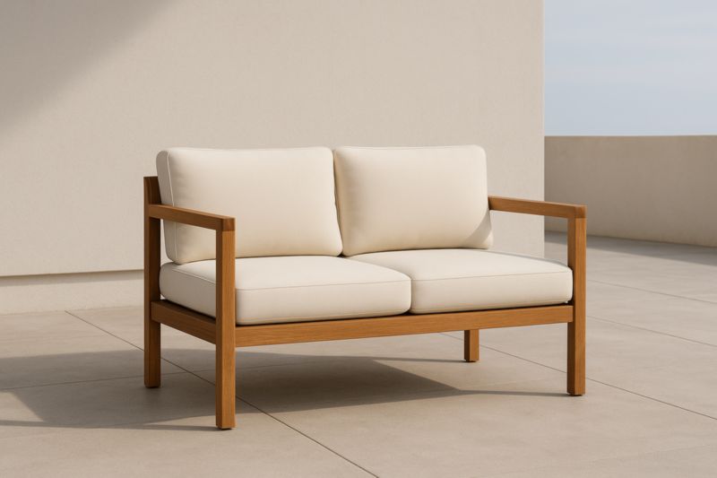 Canapé 2 Places en Bois de Teck et Tissu Écru