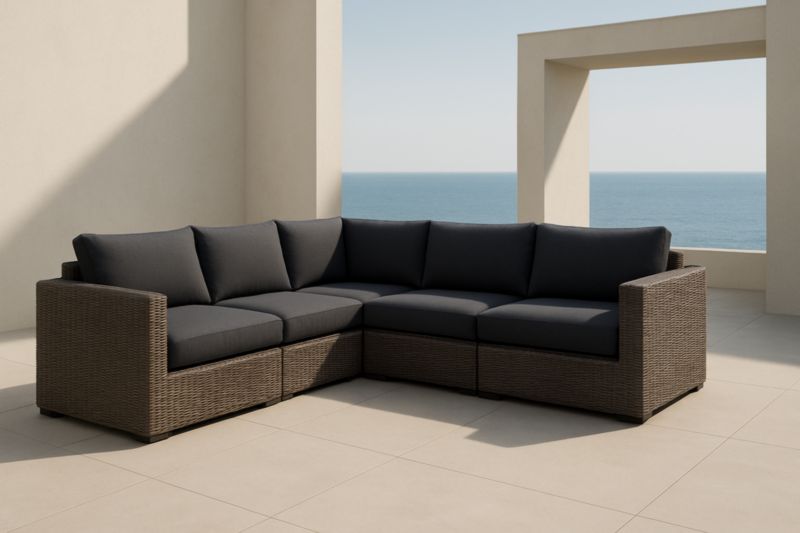 Canapé d'angle en résine tressée et polyester gris anthracite