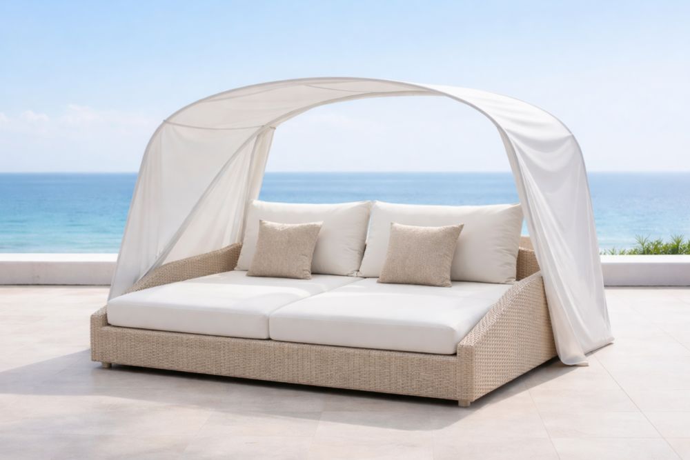 Lit de jardin en résine tressée avec auvent et coussins blanc et beige