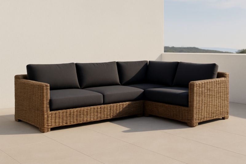 Canapé d'angle en rotin synthétique beige coussins anthracite