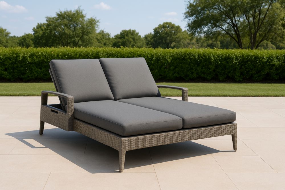 Chaise longue double en résine tressée avec coussins gris