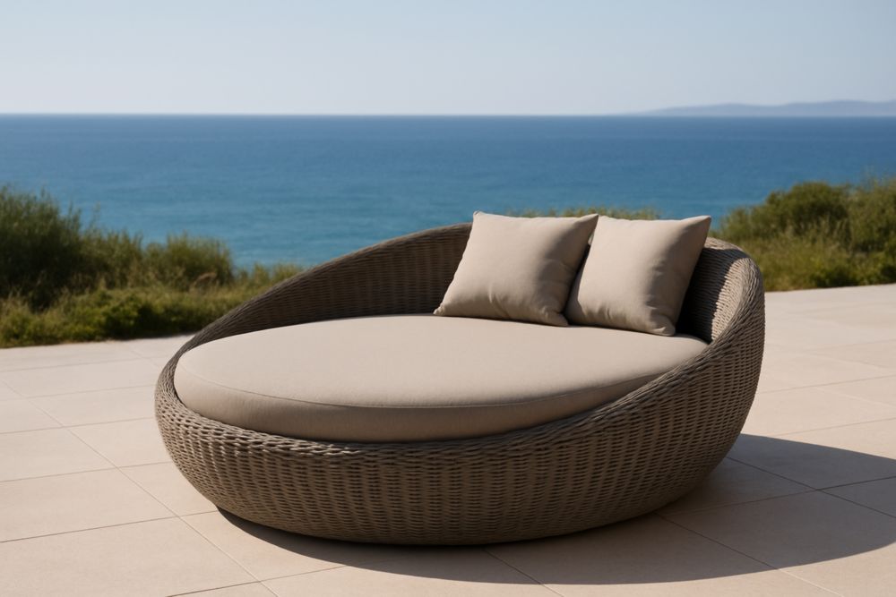 Canapé Rond Extérieur en Résine Tressée Beige avec Coussin en Polyester