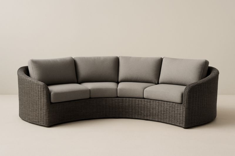 Canapé d'angle en résine tressée avec coussins gris