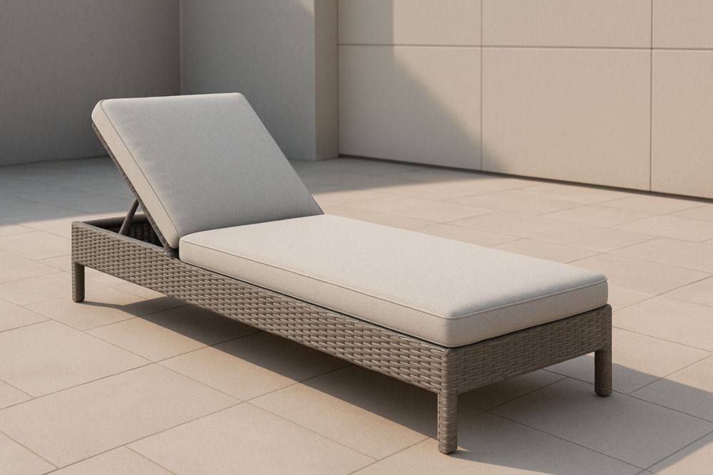Chaise Longue en Résine Tressée Gris avec Coussin Beige