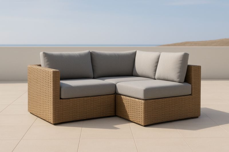 Canapé d'angle extérieur en résine tressée marron et coussins gris