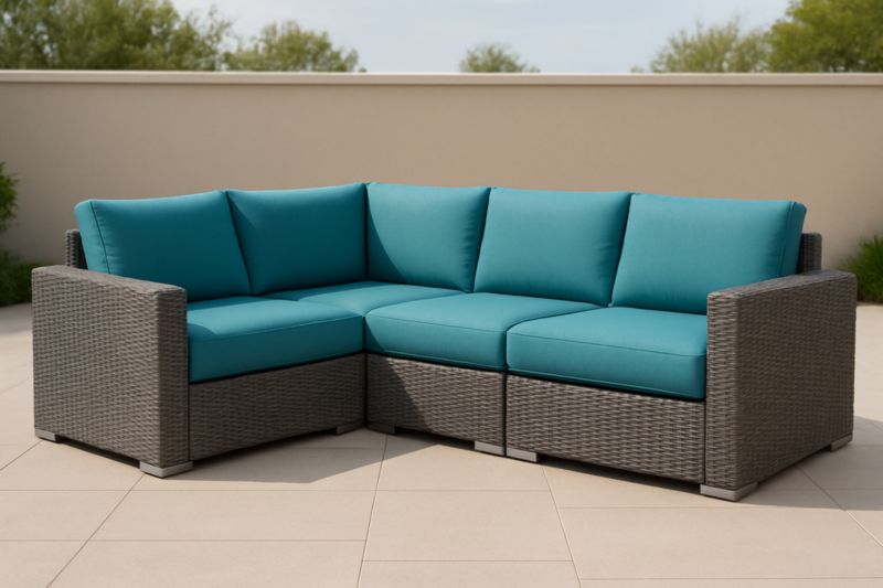 Canapé d'angle en rotin avec coussins bleu turquoise pour extérieur