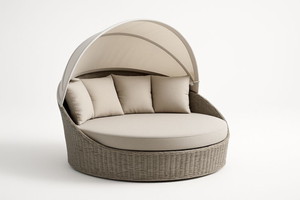 Lit de jardin rond en osier avec auvent et coussins beige