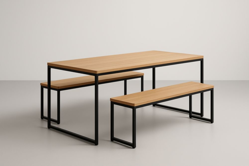 Table rectangulaire en bois et métal avec bancs