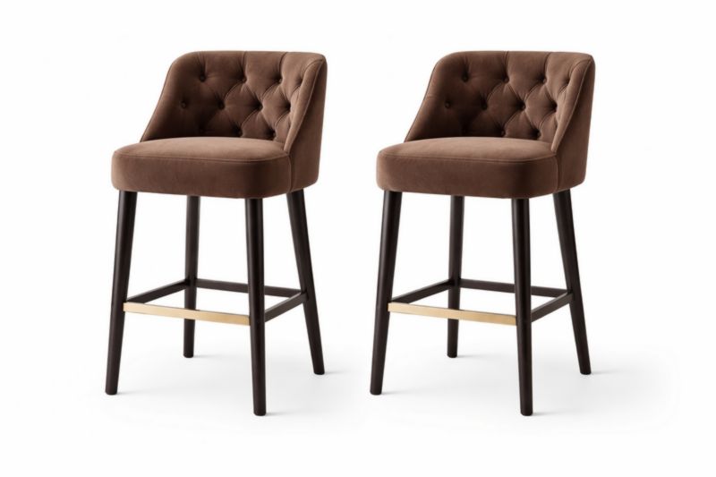 Tabourets de bar en velours marron avec dossier capitonné et pieds en bois