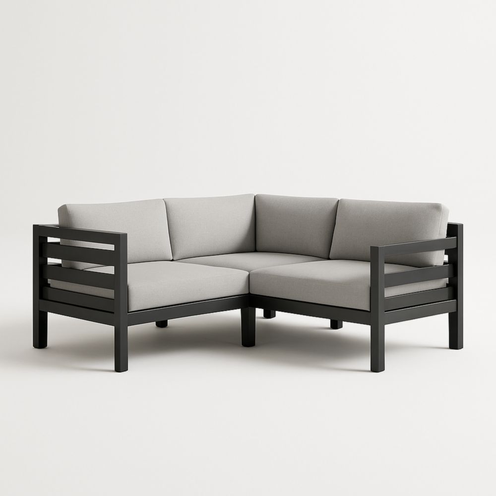 Canapé d'angle extérieur modulaire aluminium noir coussins gris