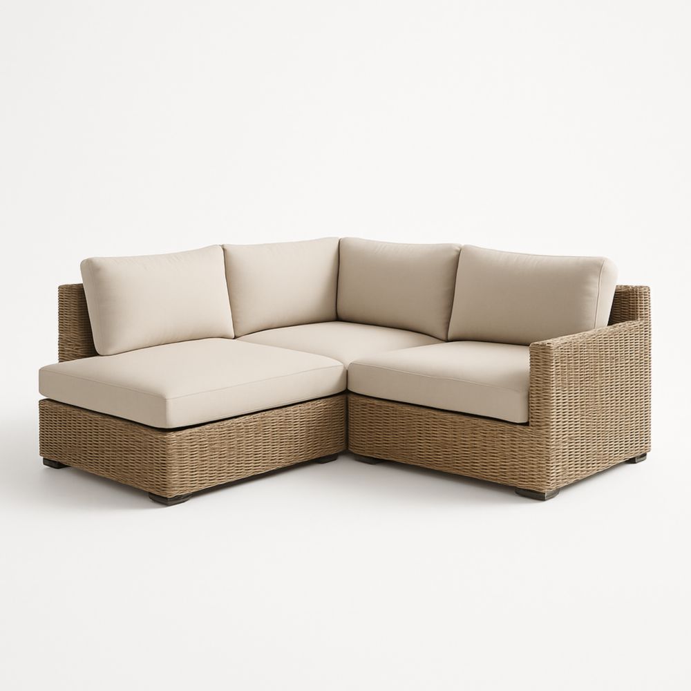 Canapé d'angle en rotin synthétique avec coussins beiges