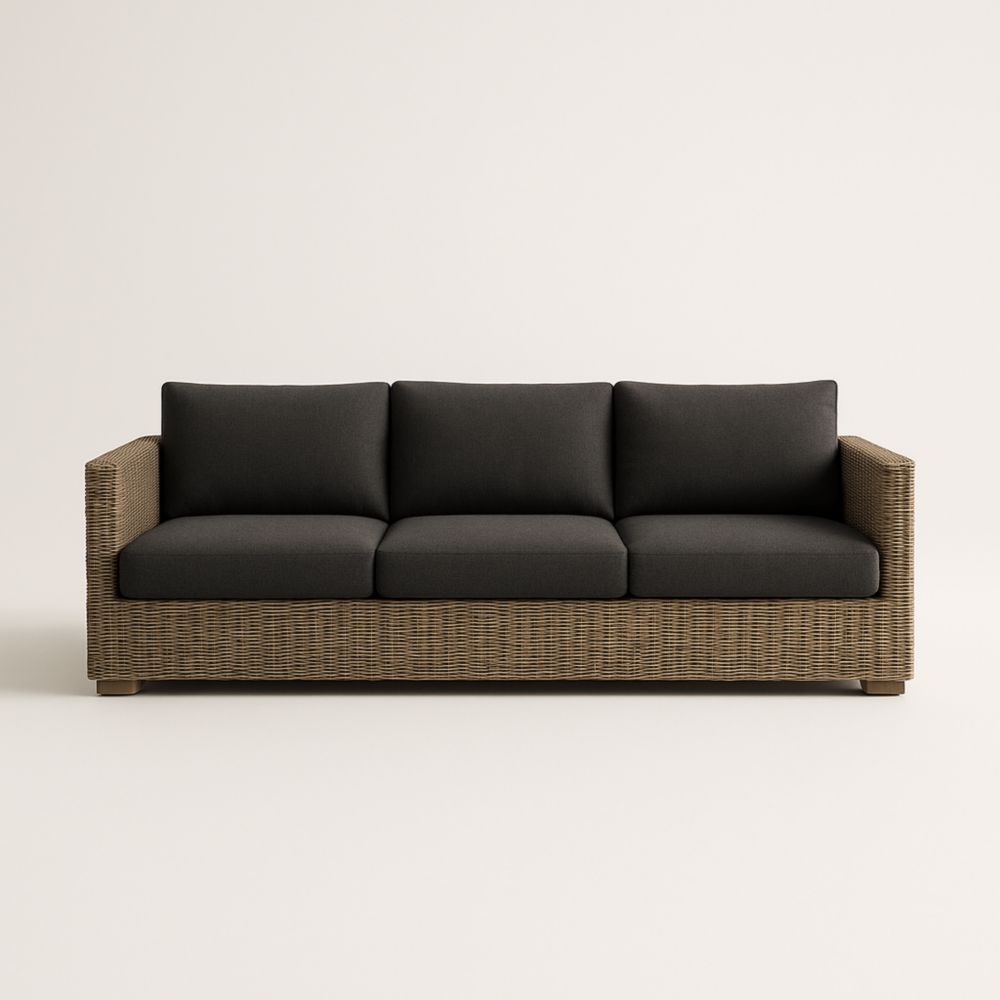 Canapé trois places en osier coussins noirs