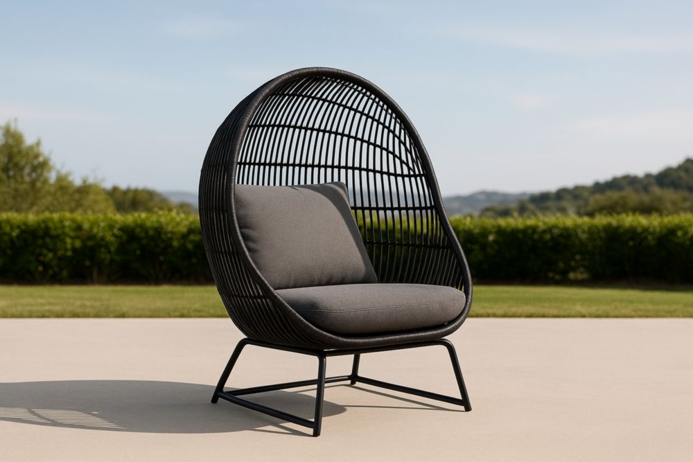 Fauteuil Œuf Extérieur Noir Acier et Résine Coussin Polyester