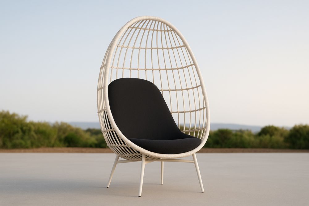 Fauteuil œuf extérieur rotin blanc coussin polyester noir