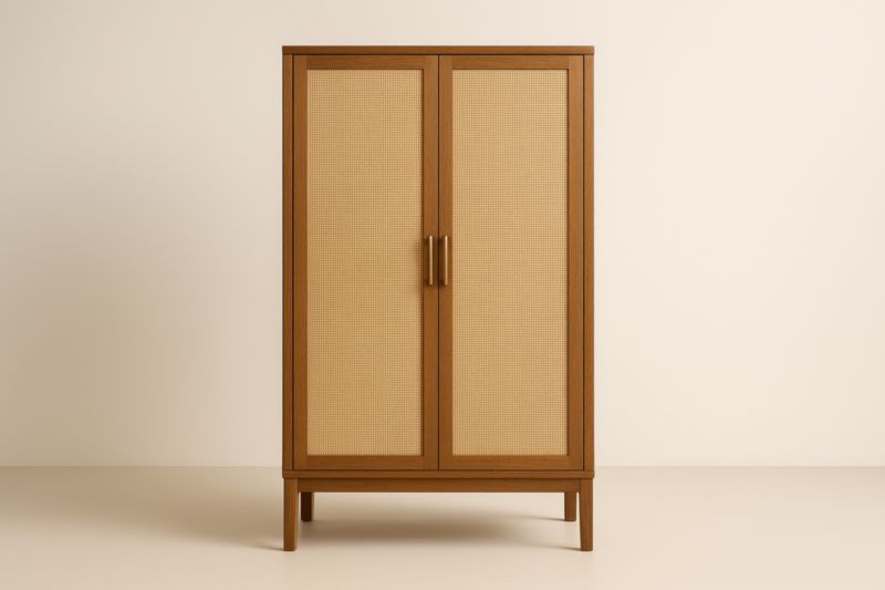 Armoire en MDF plaqué noyer avec portes en rotin – 120×50×180 cm-Rivellawood