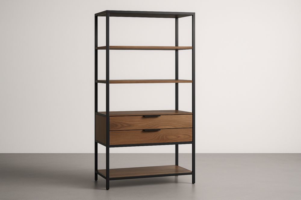 Étagère en bois et métal noir à 4 niveaux avec 2 tiroirs-Rivellawood