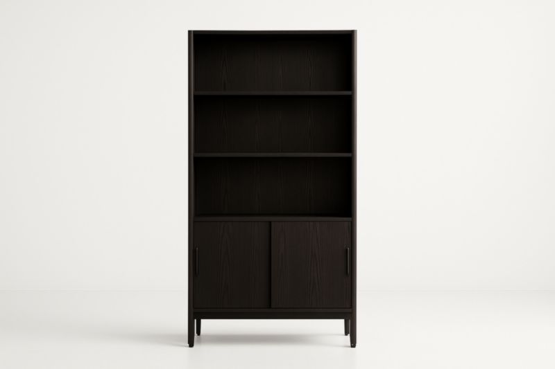 Bibliothèque en bois MDF noir avec portes coulissantes-Rivellawood