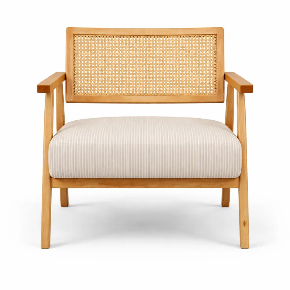 Fauteuil en bois massif avec rotin et assise en velours-Nestdecorco