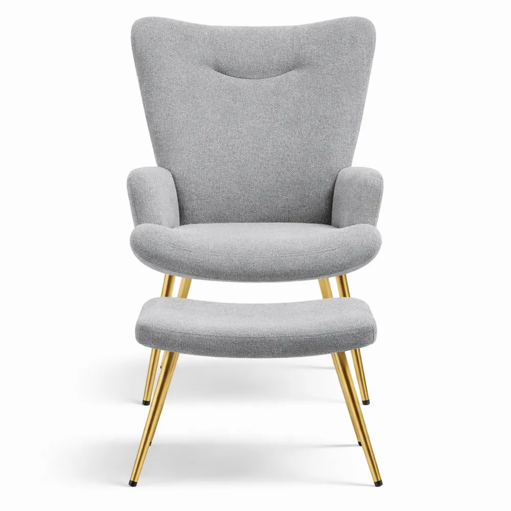 Fauteuil confortable en tissu bouclette avec repose-pied et dossier haut, pieds en acier doré, pour salon ou chambre-Nestdecorco