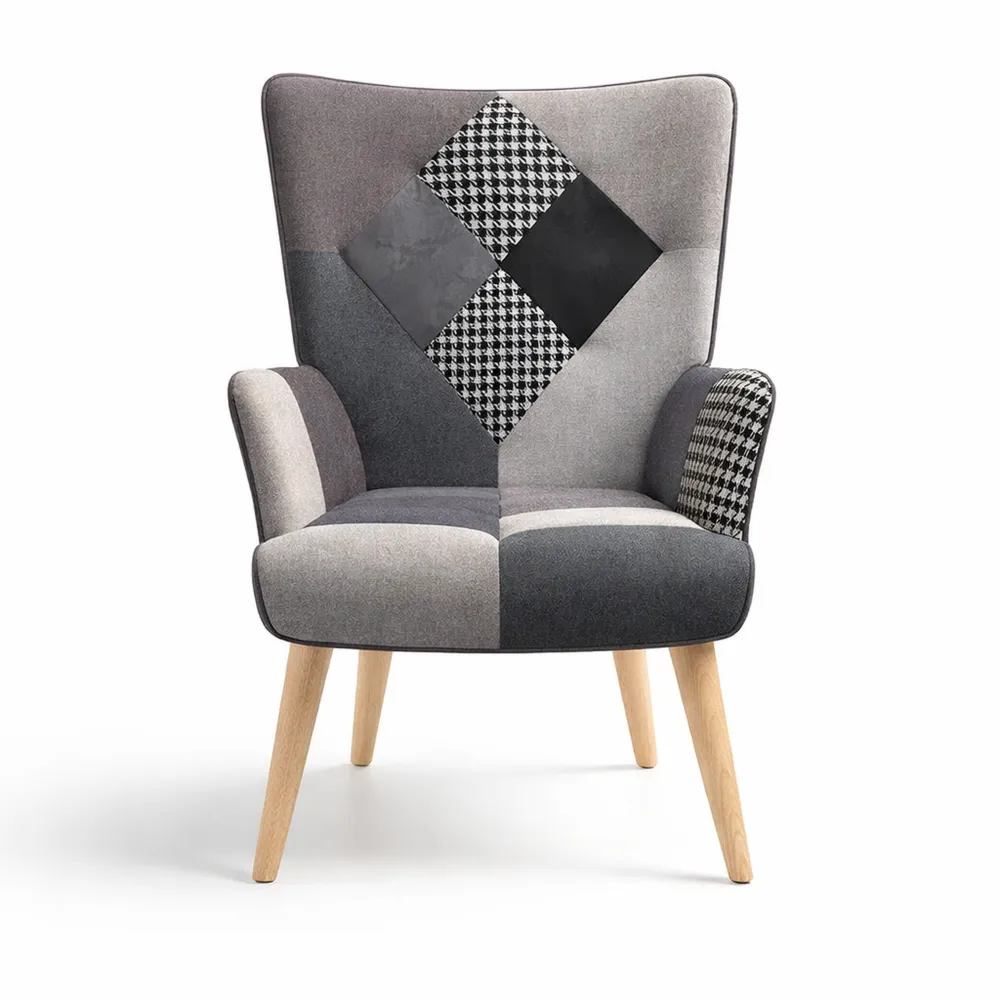 Fauteuil contemporain en tissu patchwork neutre-Nestdecorco