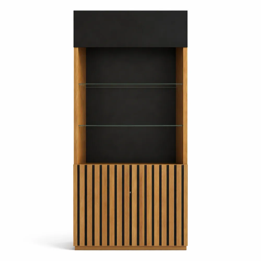 Vitrine en verre avec étagères latérales, noir mat et chêne-Nestdecorco