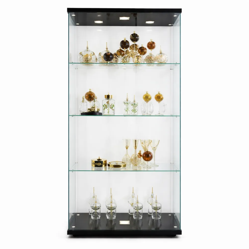 Armoire vitrine en verre éclairée LED avec étagères et fond miroir-Nestdecorco