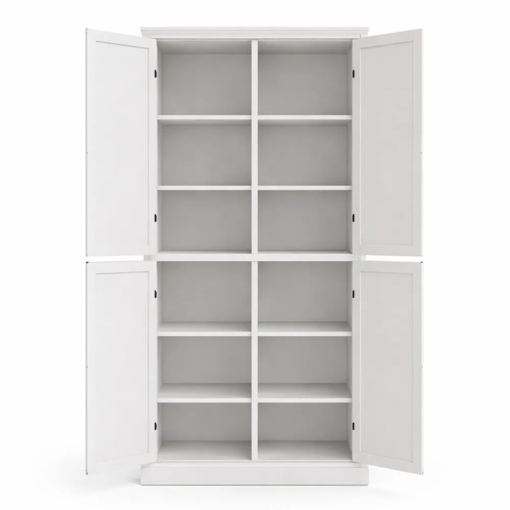 Armoire de rangement 4 portes et 5 étagères, poignée ronde, blanc-Nestdecorco