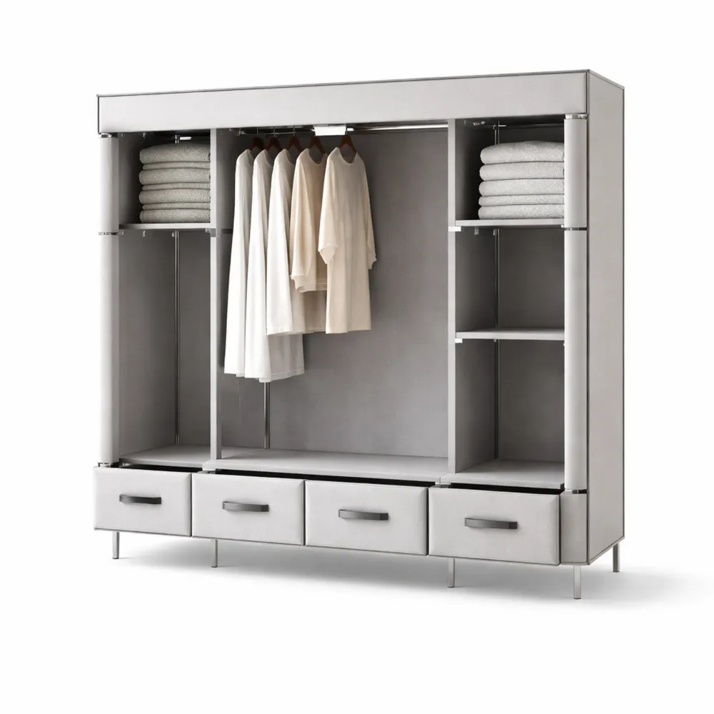 Armoire en tissu avec tiroirs et étagères, 150 x 45 x 170 cm, gris clair-Nestdecorco