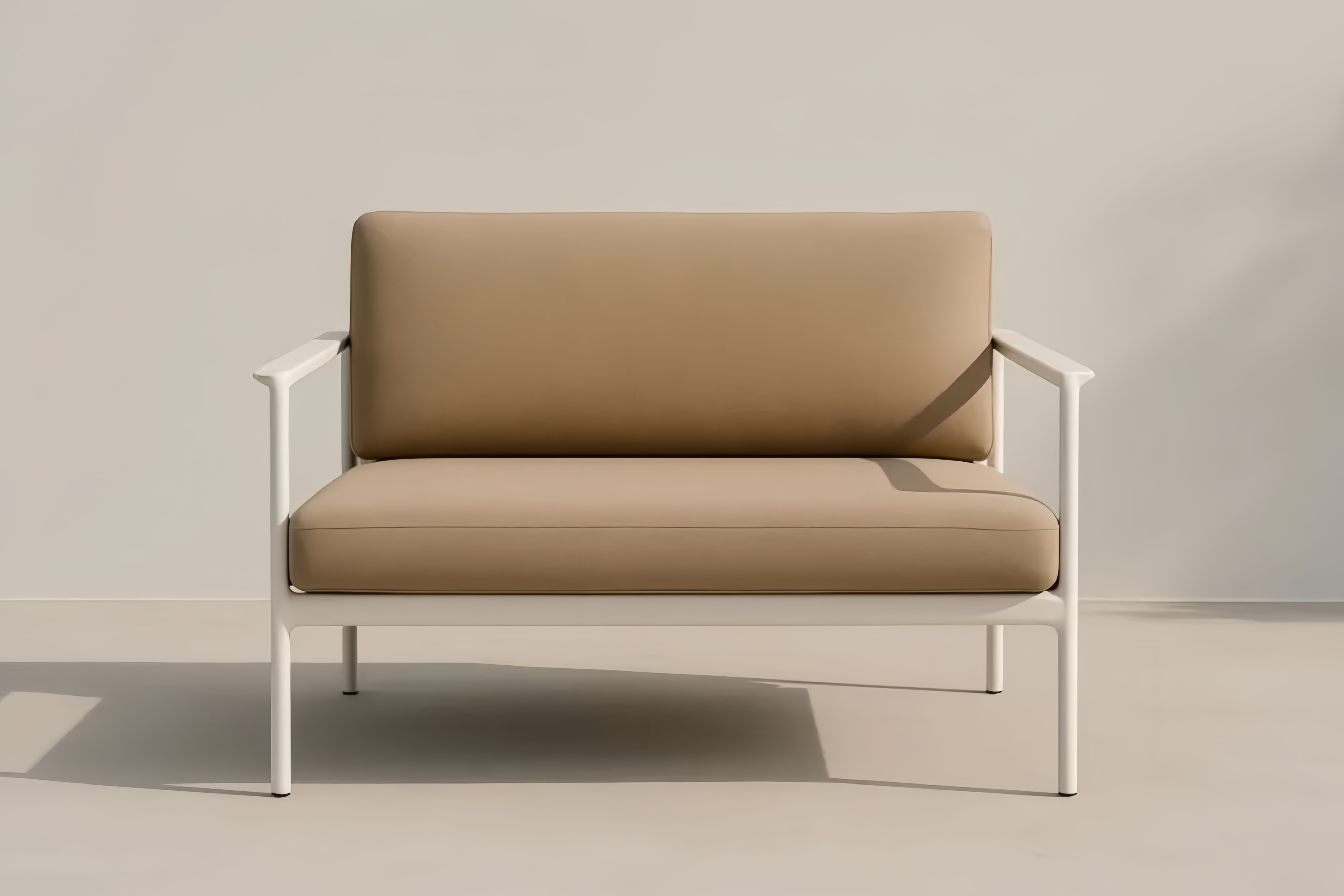 Canapé Deux Places Métal Blanc Coussins Tissu Beige