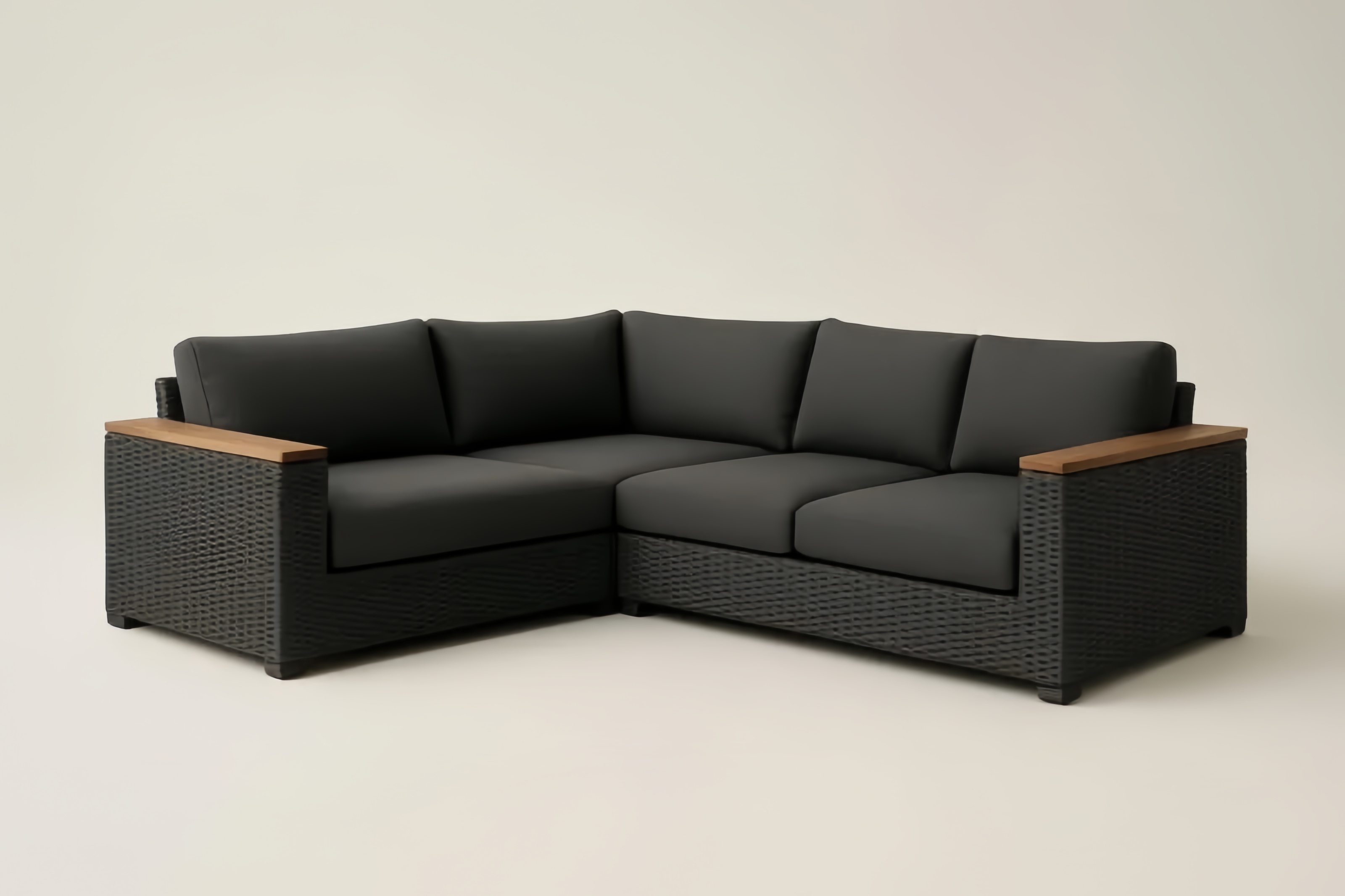 Canapé d'angle en résine tressée noir coussins en polyester anthracite accoudoirs bois