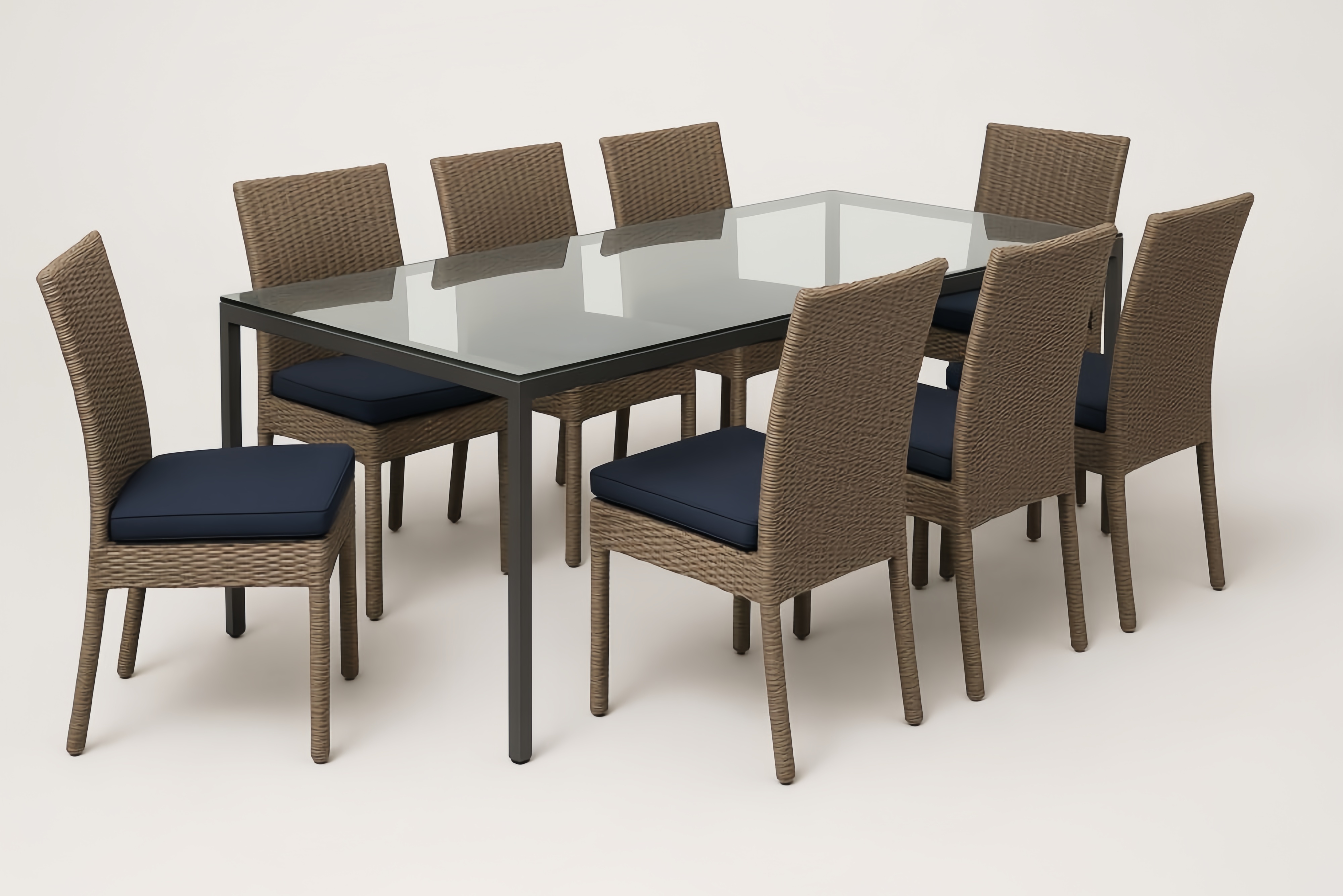 Ensemble de Salle à Manger de Jardin avec Table en Verre et 8 Chaises en Acier et Rotin Marron/Bleu