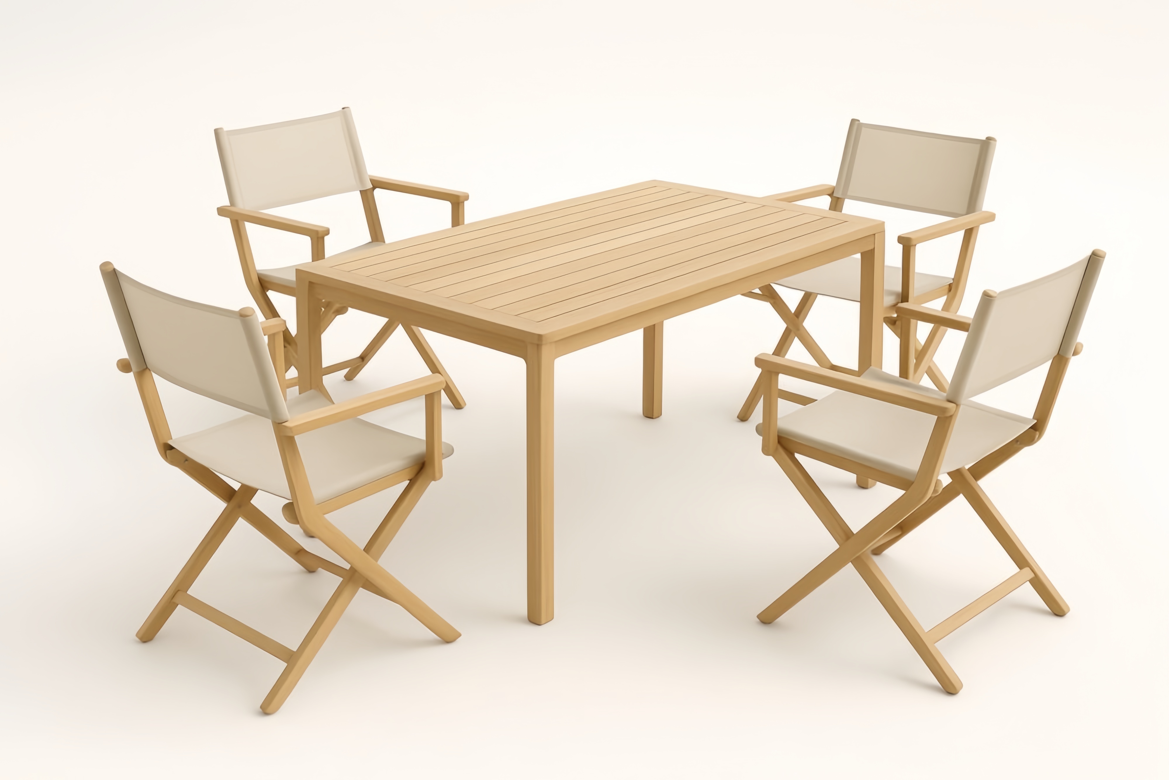 Ensemble de table et 4 chaises pliantes en acacia avec tissu beige – ensemble de table et chaises de jardin
