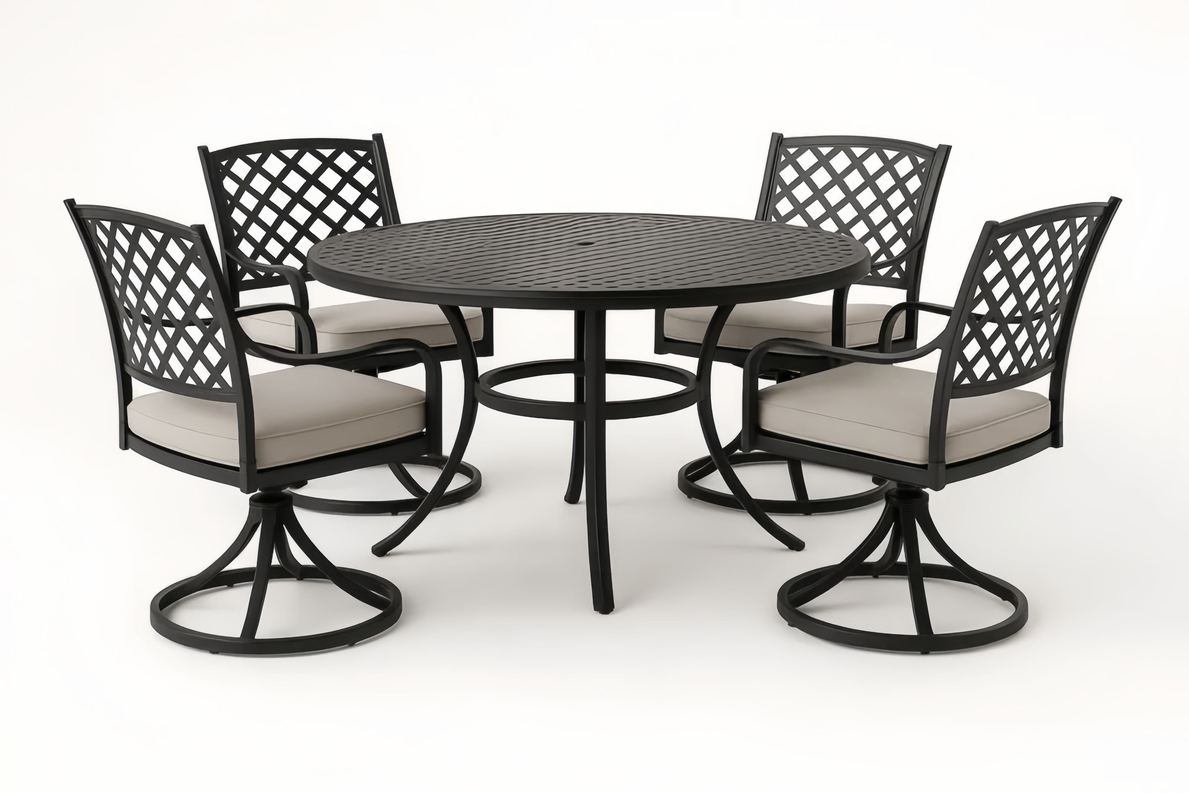 Ensemble de salle à manger extérieur en aluminium noir avec table ronde et chaises pivotantes