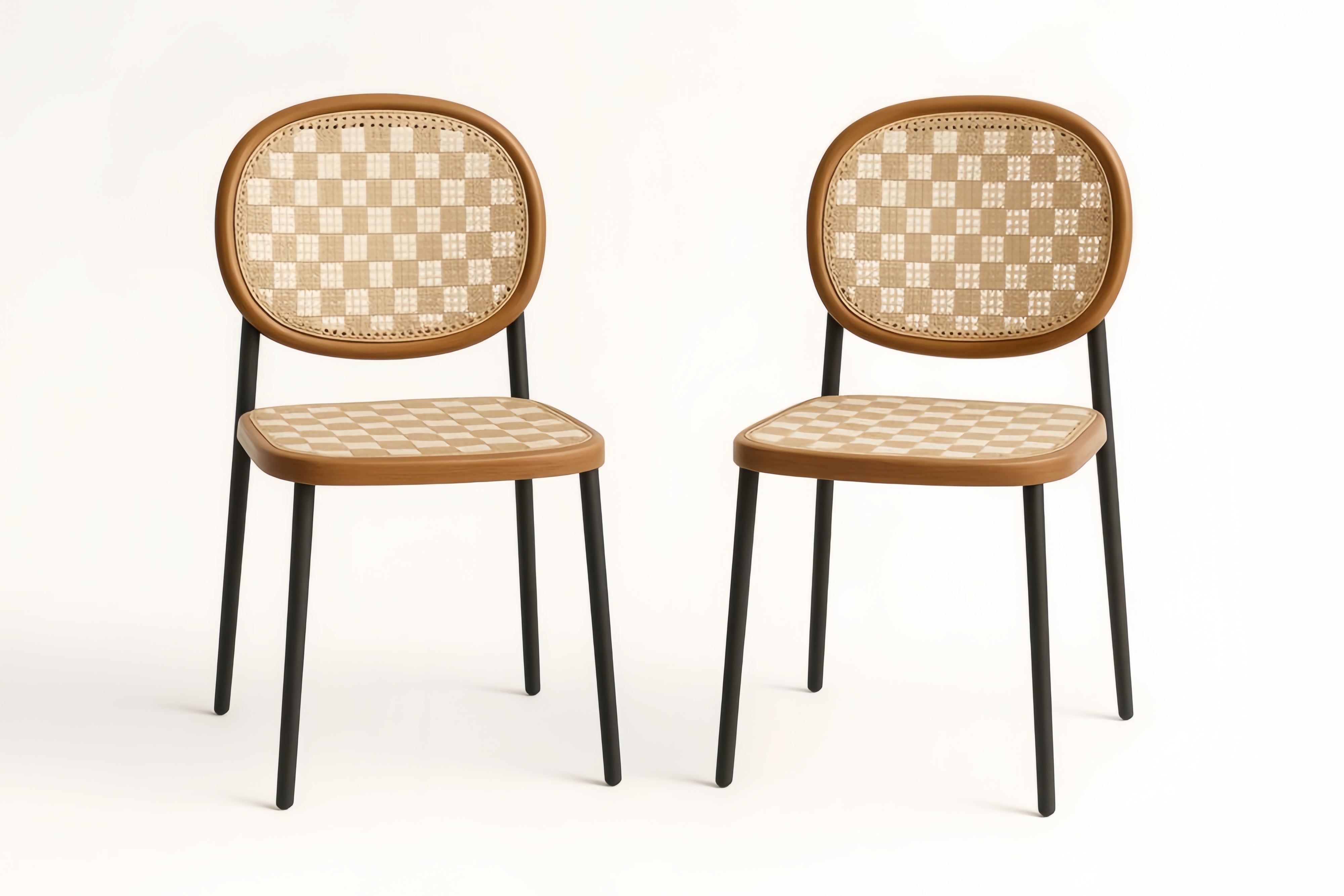 Chaises en bois et osier avec pieds en métal noir, Lot de 2