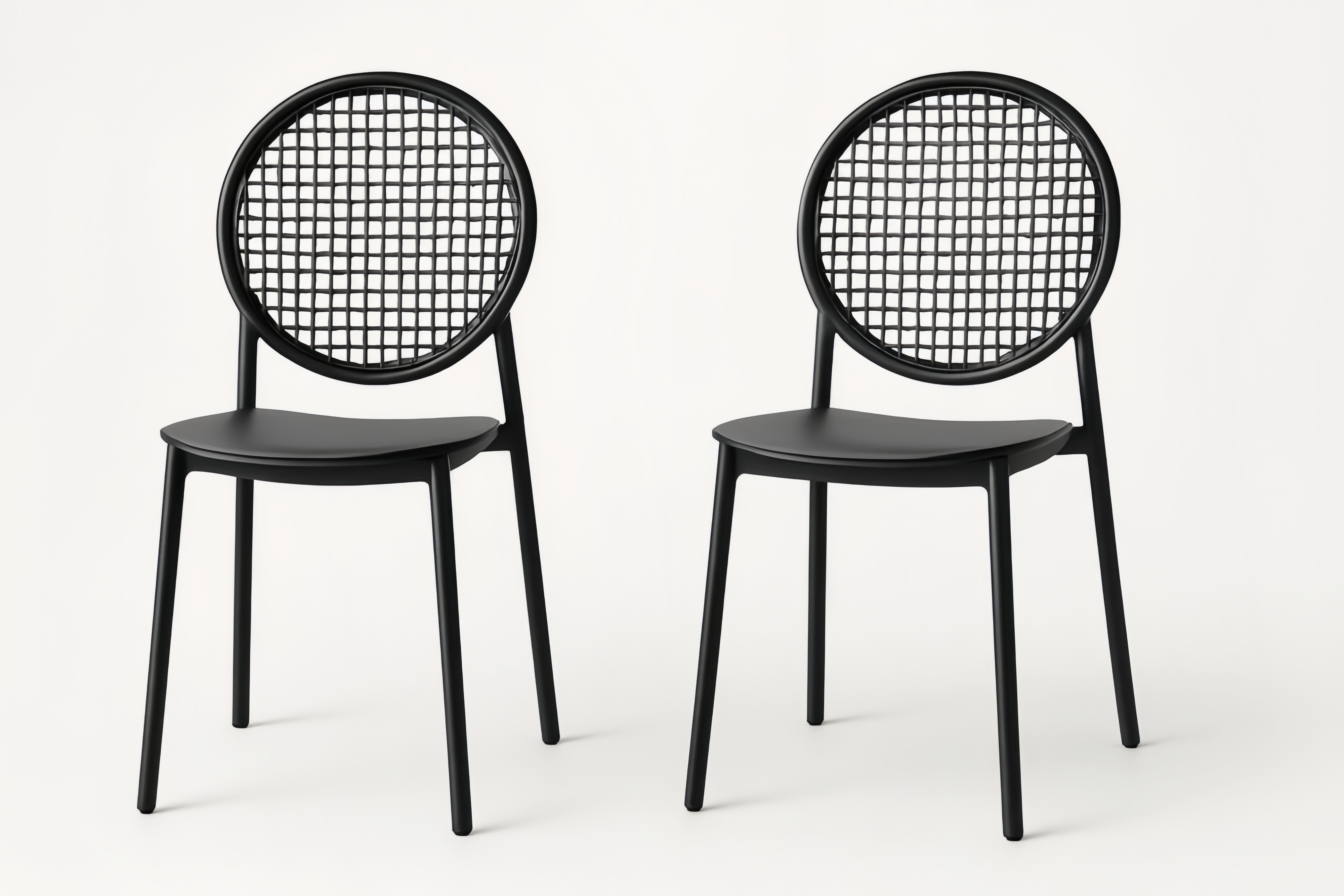 Lot de 2 chaises en plastique noir avec dossier rond à motif grille