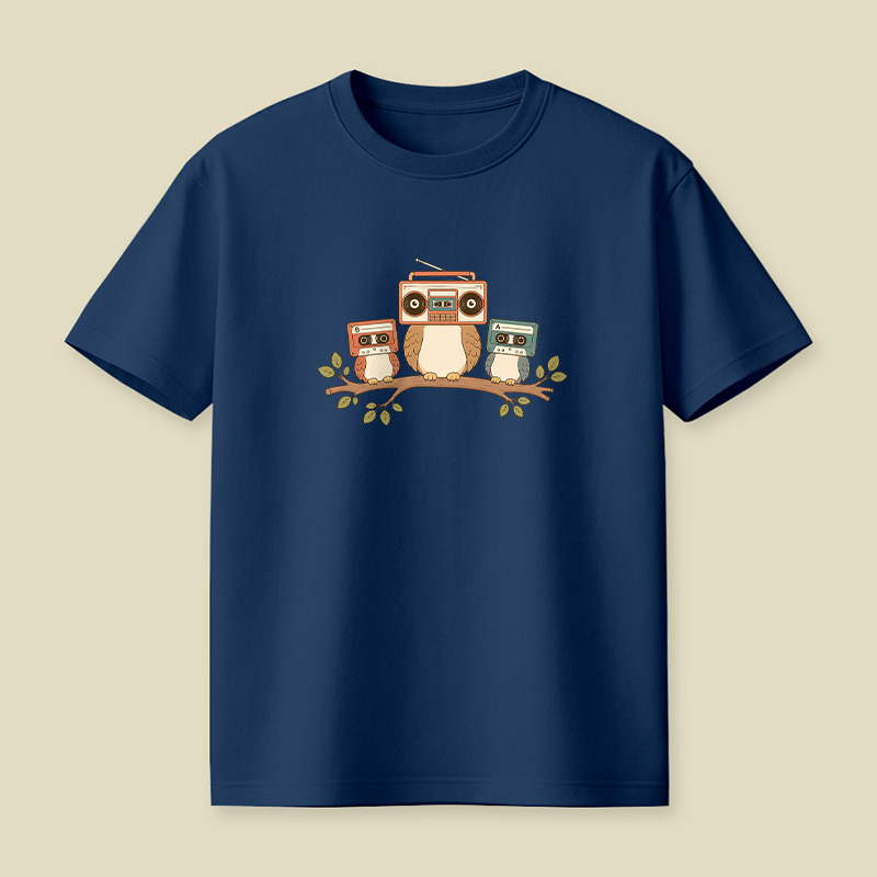 Owls With Boombox And Cassettes Playful T-Shirt