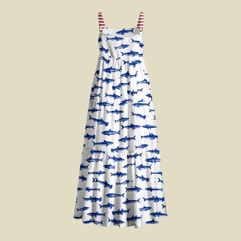 Nautical Blue Shark Stripe Strap Playful Maxi Dress