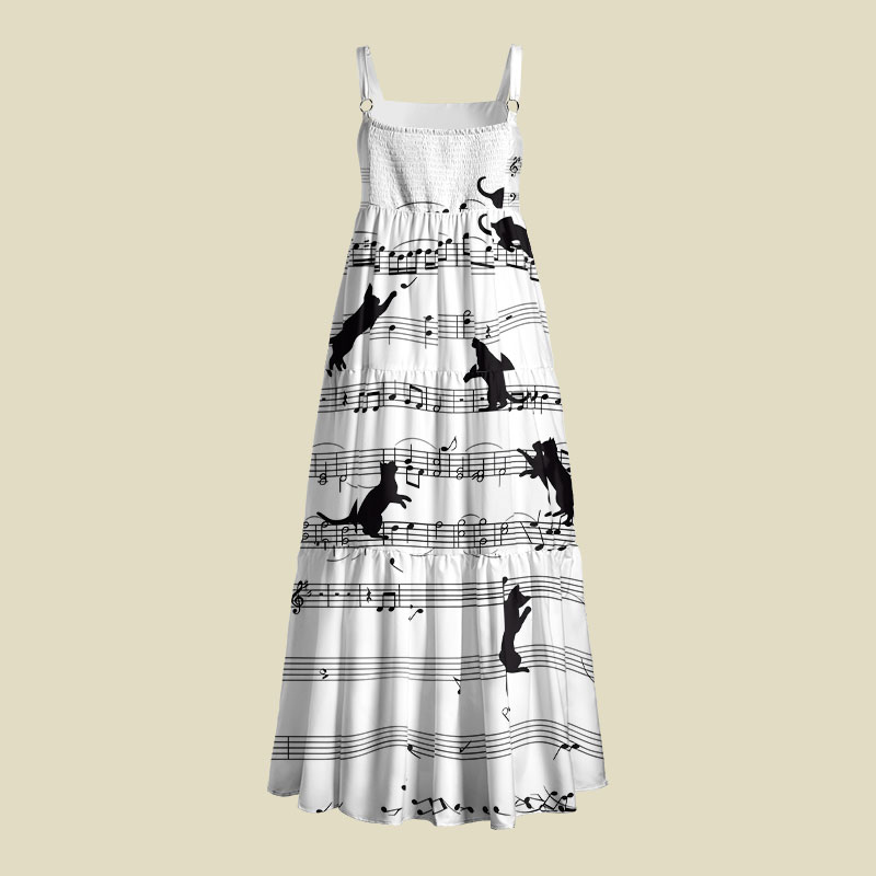 Musical Black Cat Sheet Music Playful Maxi Dress