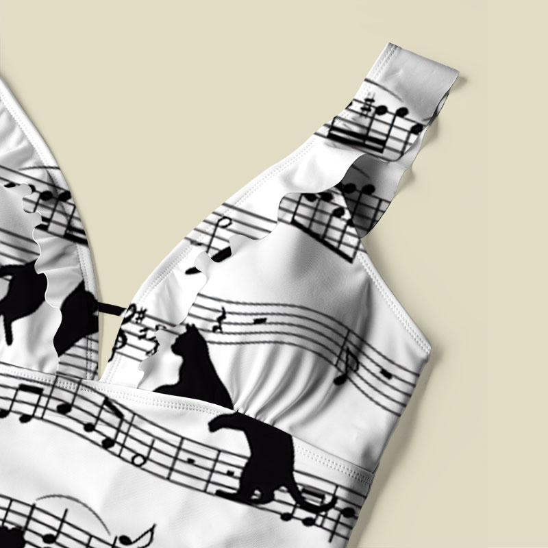 Musical Black Cat Sheet V-Neck One Piece Swimsuit