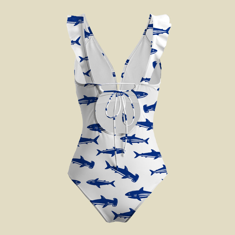 Nautical Blue Shark V-Neck One Piece Swimsuit