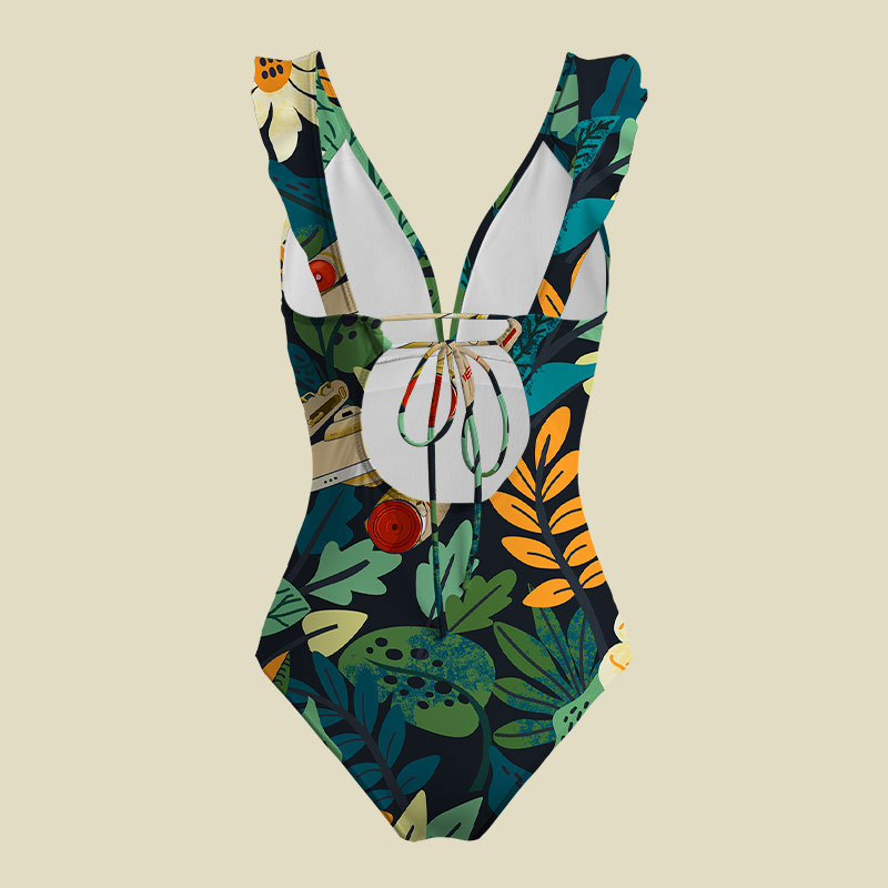 Scifi Spacecraft Hawaii Green V-Neck One Piece Swimsuit
