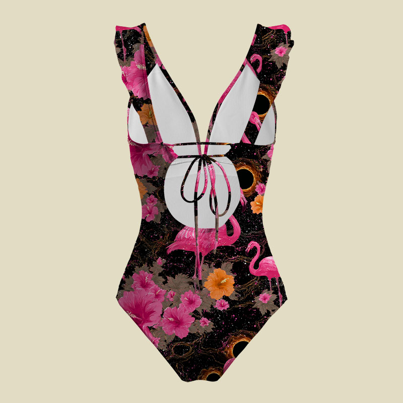 Cosmic Flamingo V-Neck One Piece Swimsuit