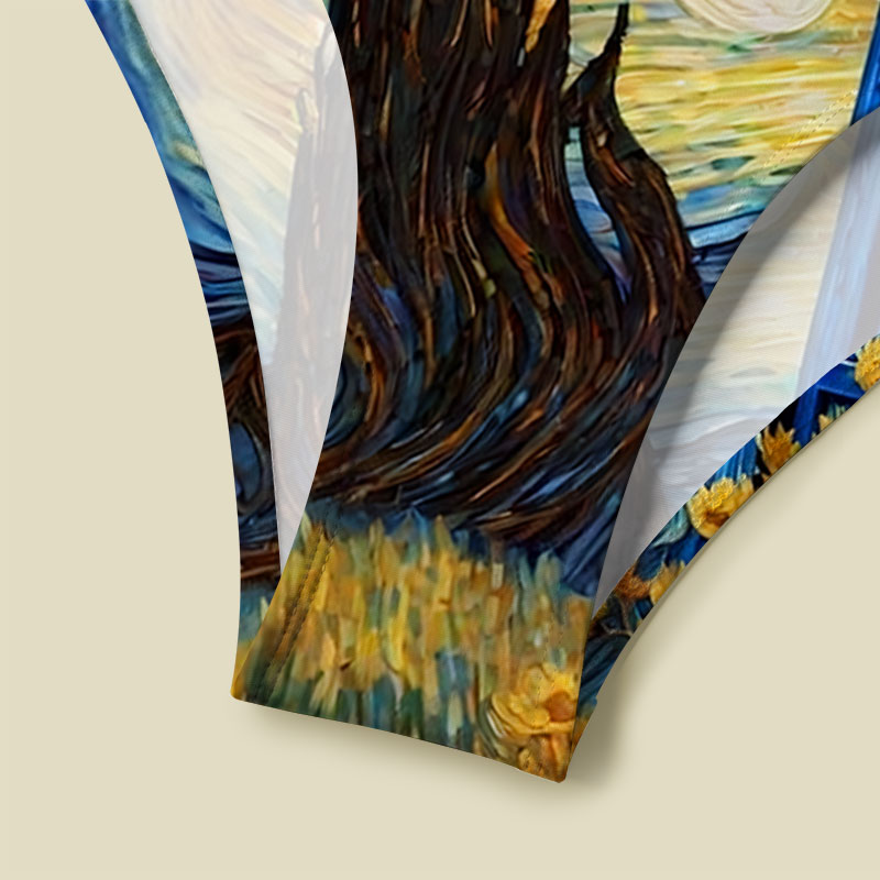 Tardis Time Travel Van Gogh Oil Painting V-Neck One Piece Swimsuit